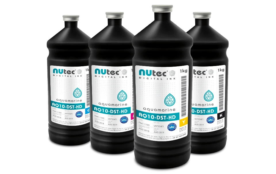 NUtec Aquamarine AQ10-DST-HD dye sublimation ink bottles showcasing ultra-high chroma ink technology for digital printing applications.