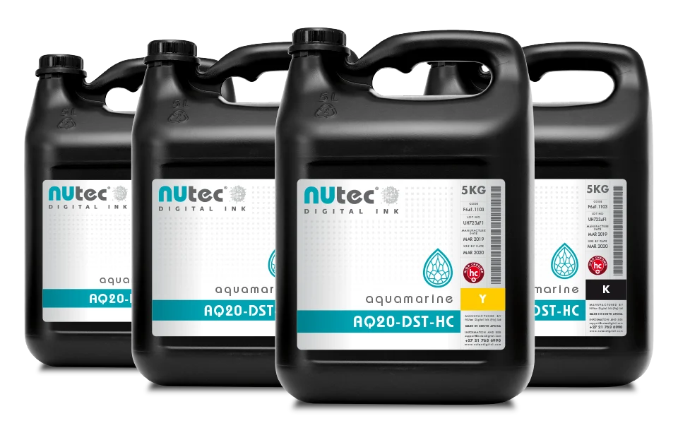 NUtec Digital Ink's water-based dye sublimation aqua range with AQ20-DST-HC 5KG containers, suitable for digital printing applications.