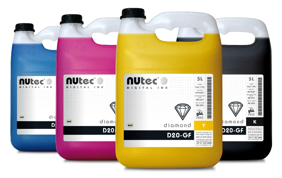 NUtec Digital Ink's GBL-free D20-GF digital printing ink in 5L containers, part of the latest responsibly formulated ink offering.