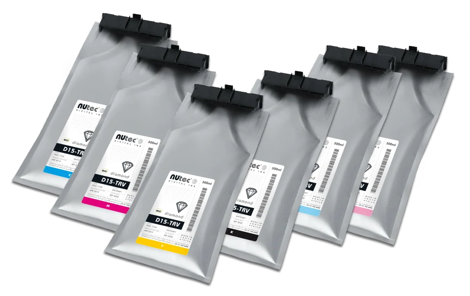 NUtec TruVis low smell eco-solvent digital ink pouches for Ricoh printheads, compatible with Roland TrueVIS VG & SG printers, chemically matched to TR inks