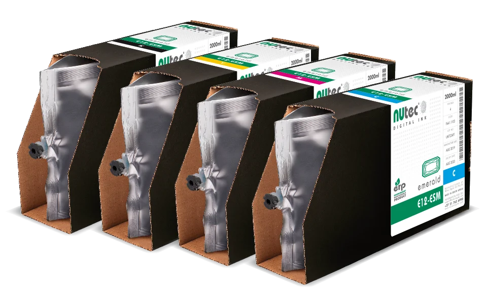 NUtec E12-ESM 2000ml ink cartridge for Fujifilm Dimatix printheads at FESPA Africa exhibition, digital ink range for signage and printing applications