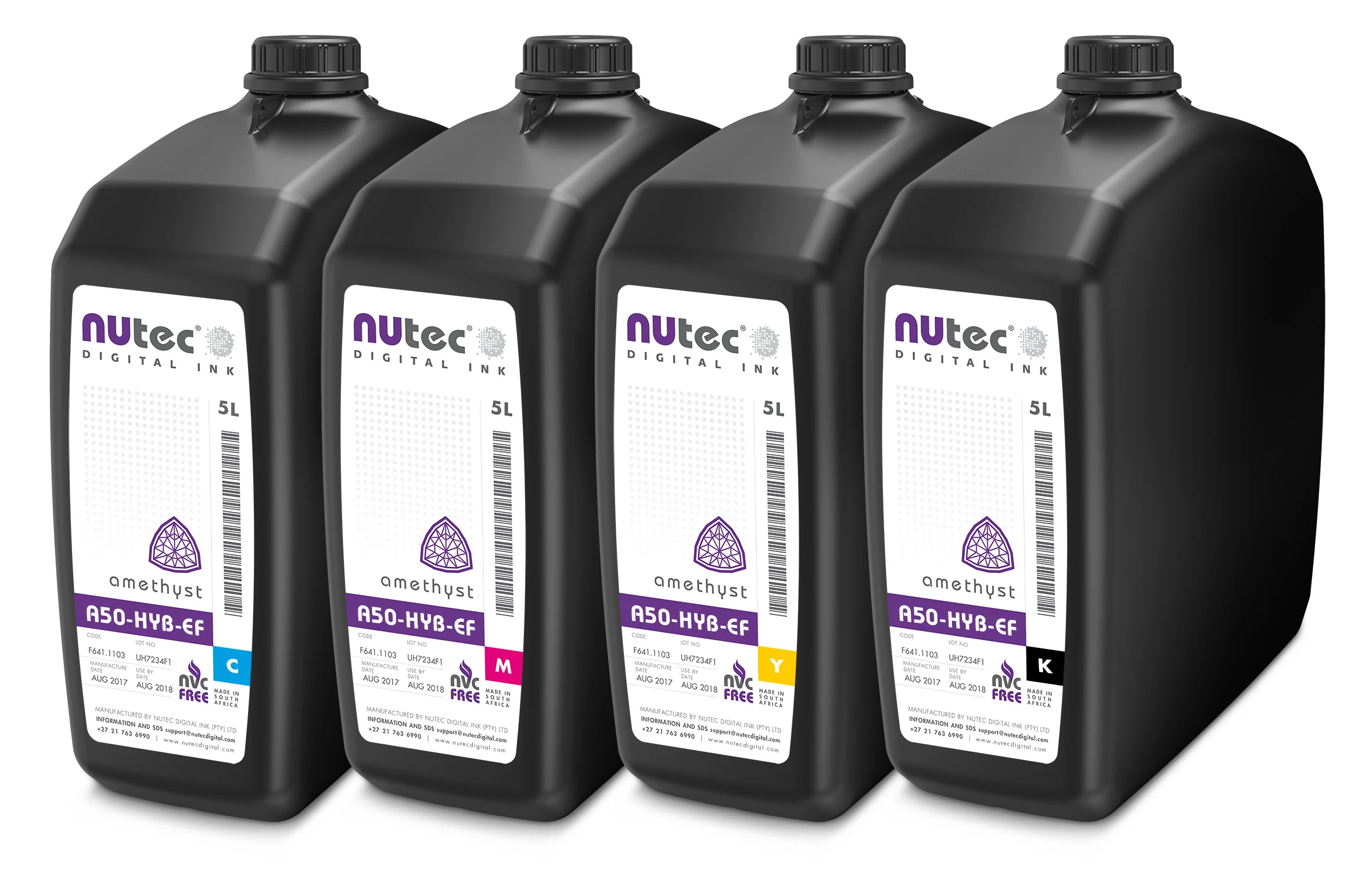 NUtec digital ink A50-HYB-EF 5L bottles for CMYK printing, suitable as UV alternative inks for EFI® VUTEk® printers, black, cyan, magenta, and yellow color options showcased