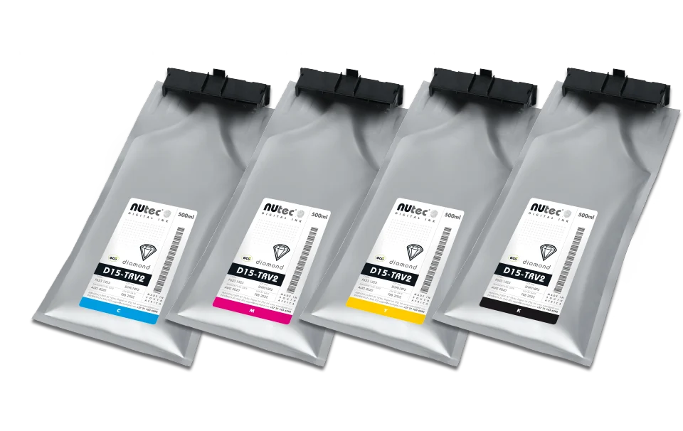 NUtec Digital Ink TruVis Pouch D15-TRV2 500ml CMYK ink packs for Roland® digital printers, part of the global momentum for NUtec’s TRV2 ink series.