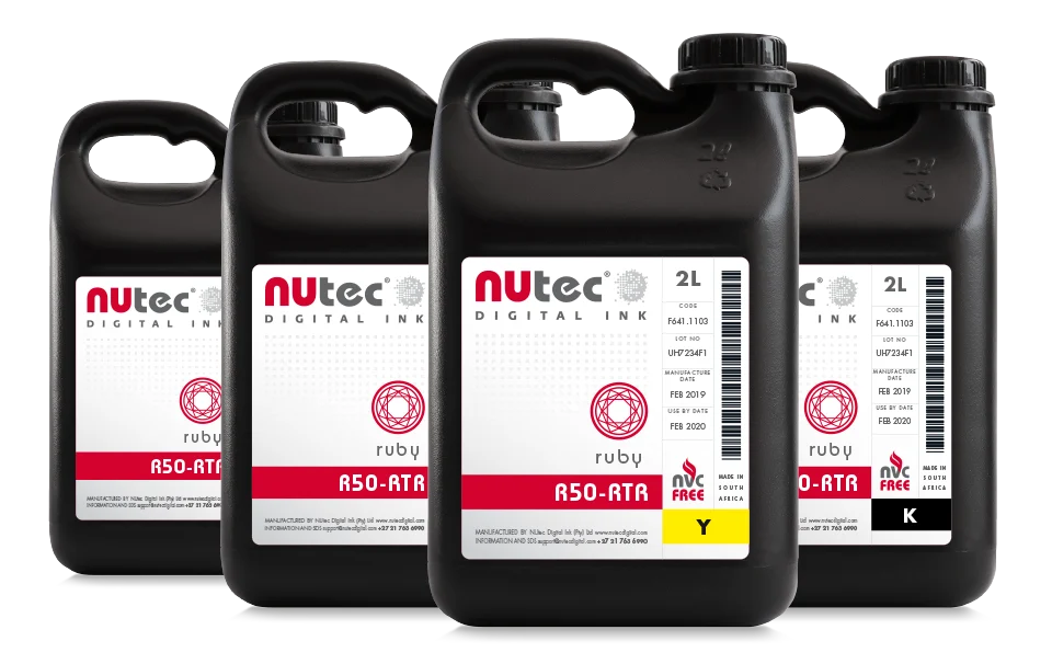 NUtec Digital Ink R50-RTR UV digital printing ink bottles for billboard and mall display applications, part of the Ruby UV ink range optimized for LED technology