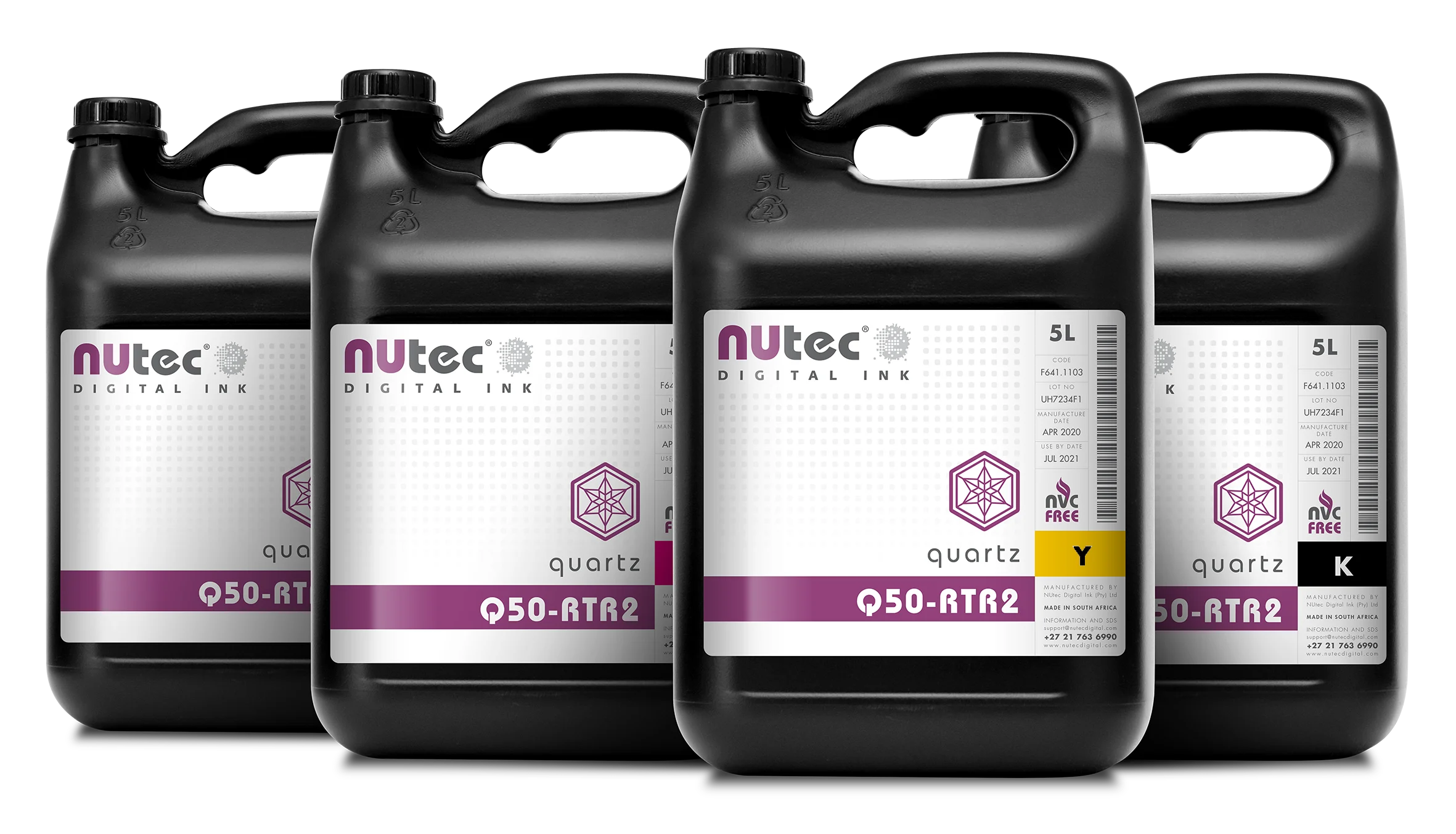 NUtec Q50-RTR2 5L CMYK digital printing ink bottles, part of NUtec's UV-curable ink range expansion