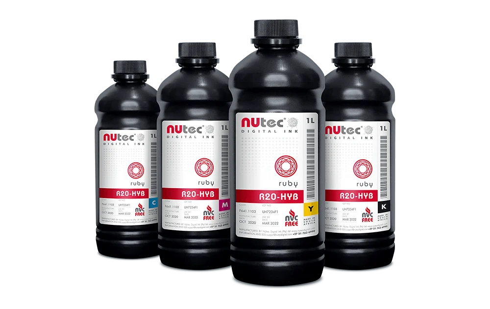 NUtec Digital Ink Ruby R20-HYB 1L CMYK ink bottles, UV LED compatible, for digital printing