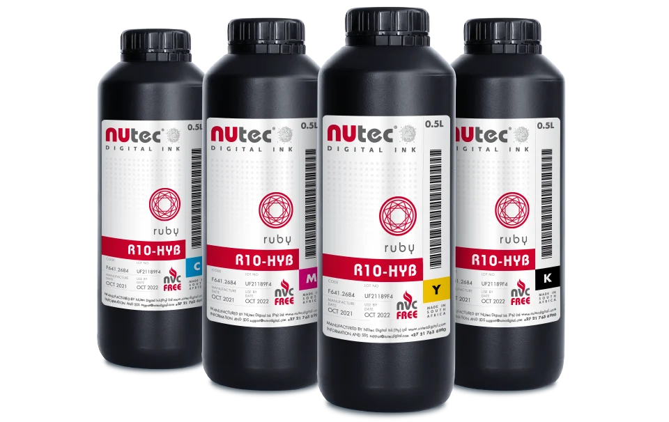 NUtec digital ink R10-HYB 0.5L bottles, UV-curable ink for Epson printheads, manufacturing for digital printing applications