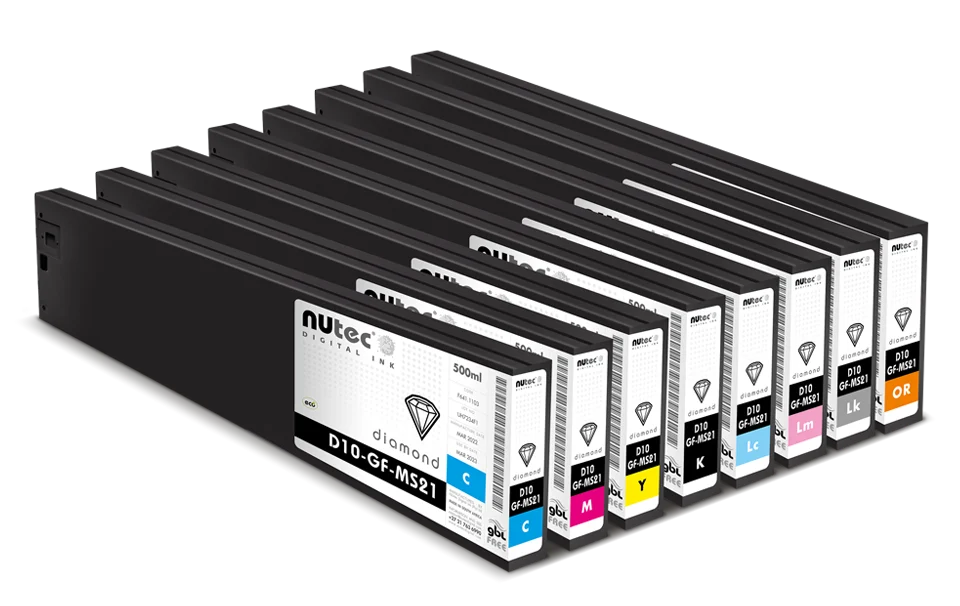 NUtec Digital Ink's Eco-Solvent range of 500ml ink cartridges including D10-GF-MS21 in orange for digital printing applications