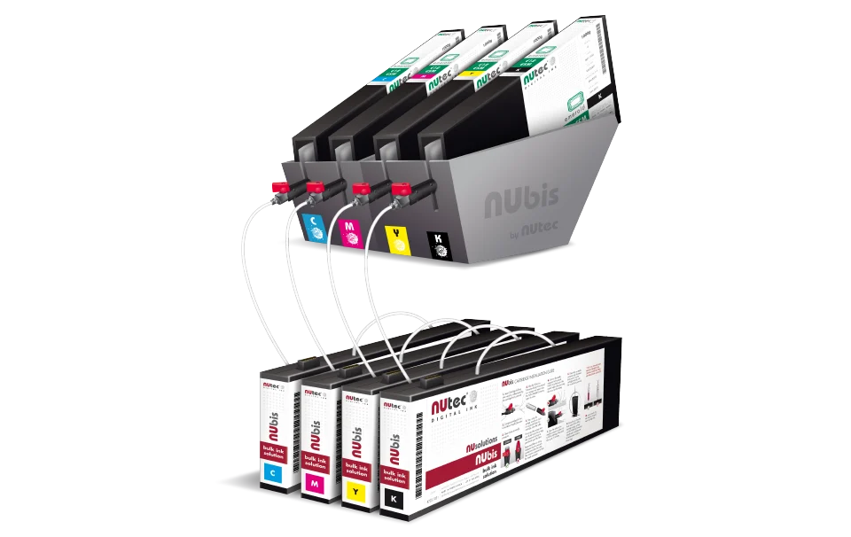 NUbis bulk ink system for continuous digital printing with multiple ink containers and dispensing channels, designed by NUtec Digital Ink.