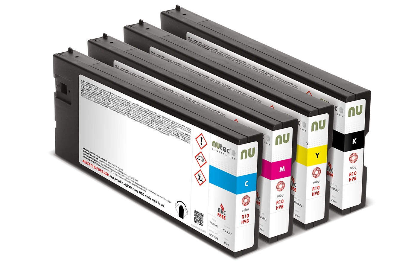 NUtec Digital Ink R10-HYB 220ml cartridge set for digital printing, part of the NVC-free UV LED range with endless possibilities