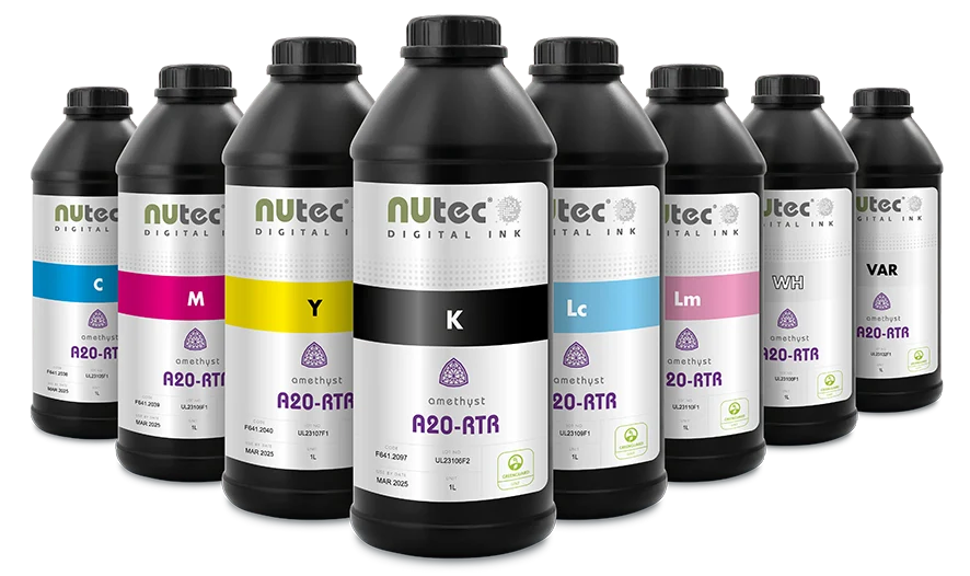 NuTech Digital Ink A20-RTR series bottles showing color range including CMYKLcLmWHVAR, with Greenguard Gold certification logo, highlighting safe, low-emission inks for digital printing.