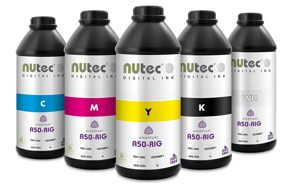 NUtec Digital Ink A50-RIG 1L GG CMYKWH bottles for digital printing on rigid media, featuring forest with heart and sun design, representing innovation and sustainability