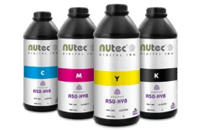 Amethyst A50-HYB hybrid UV ink bottles for wide format printing, suitable for rigid and roll-to-roll media, compatible with LED and UV lamps