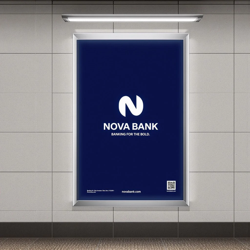 NUtec street poster printing inks showcased on a white wall with blue background and a bank logo.