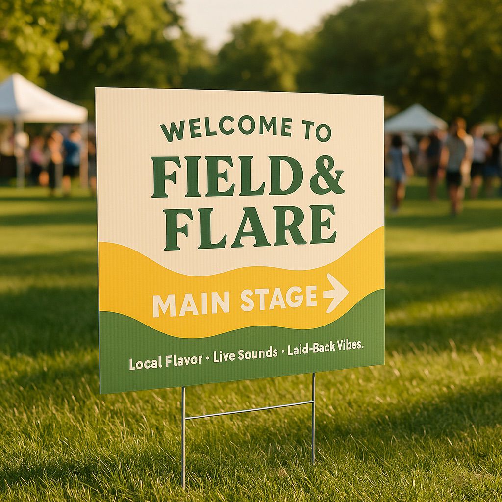 NUtec UV-Cured Hybrid outdoor event printing inks signage at Field & Flare main stage—vibrant graphics.