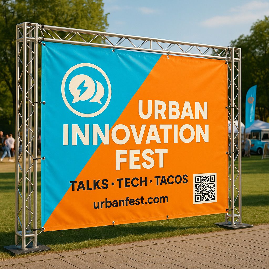 Event signage digital ink: Large orange and blue 'Urban Innovation Fest' banner with NUtec inks and QR code on a grassy field.