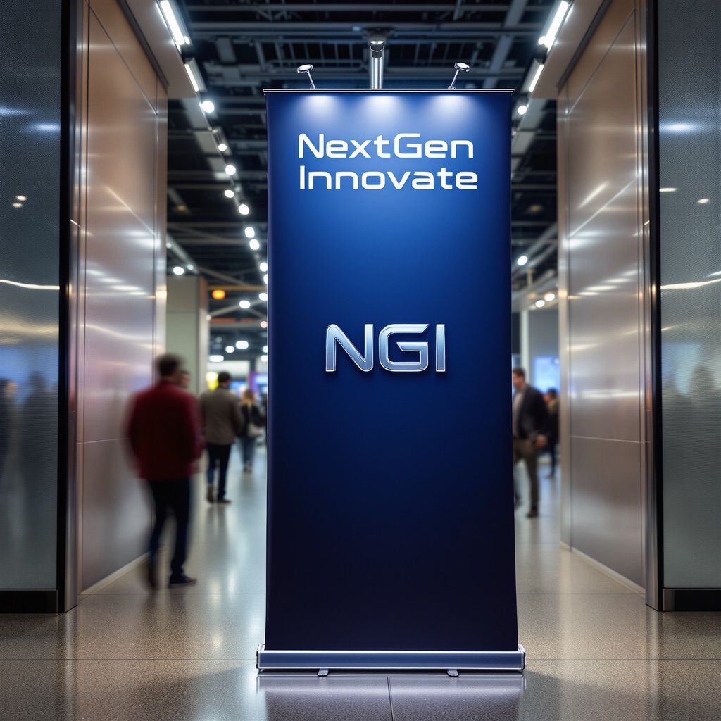 Roll-up banner displayed in an airport terminal featuring NextGen Innovate branding, using Roll Up Display Inks