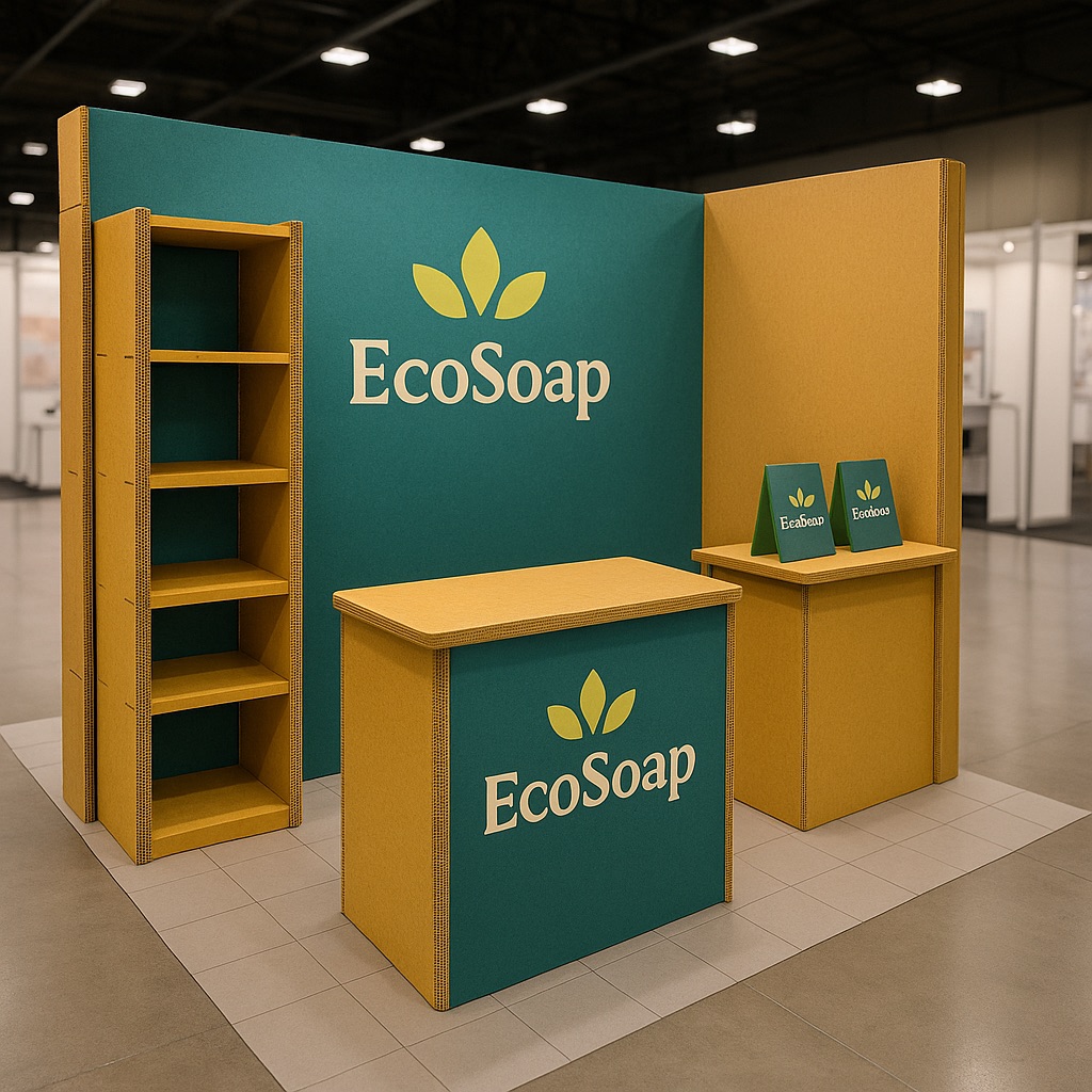 Exhibition wall with NUtec UV-Cured Hybrid inks on corrugated cardboard panels, showcasing exhibition stand printing inks.