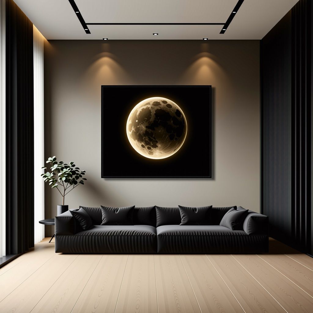 art prints polyester ink: Large black sofa room with a polyester canvas art print.