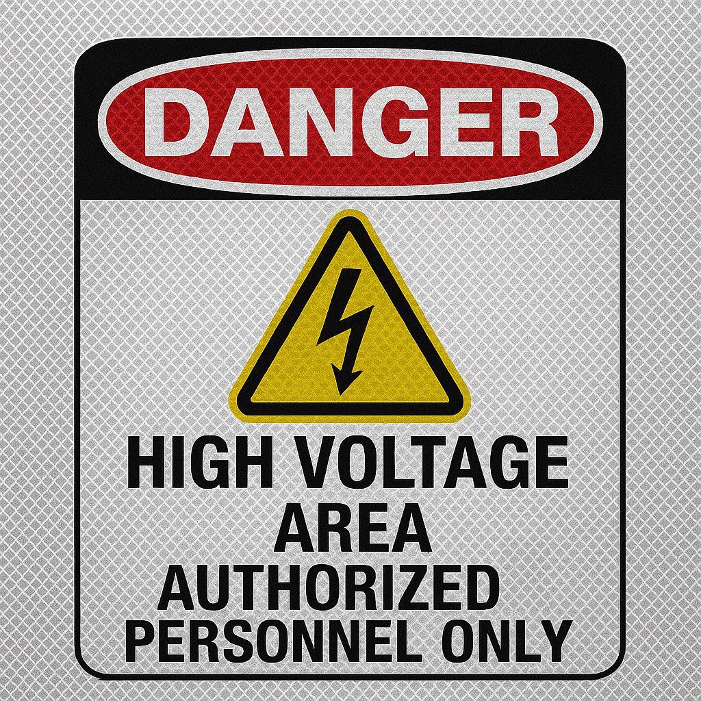 NUtec Safety Signage Digital Ink on reflective vinyl—high-visibility warning symbol with yellow lightning bolt