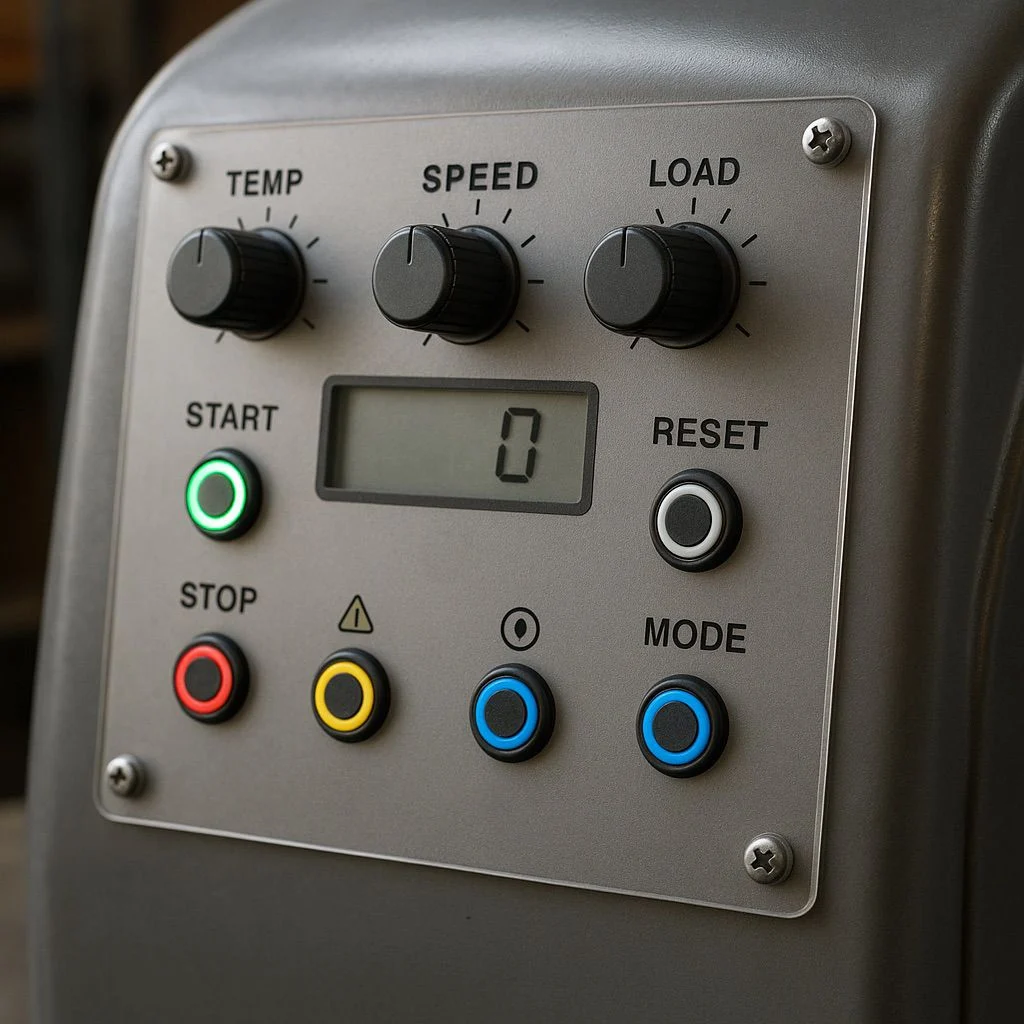 Close-up of a machine control panel with labeled TEMP, SPEED, LOAD, RESET, STOP, MODE; machinery overlay printing inks on polycarbonate.