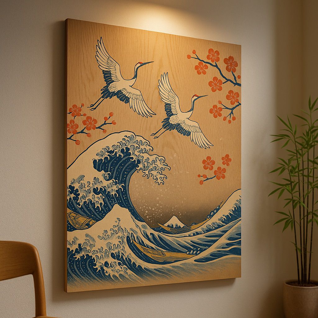 NUtec Digital Ink Digital Ink Artistic Panels: Japanese woodblock-inspired veneer print framed on wall.