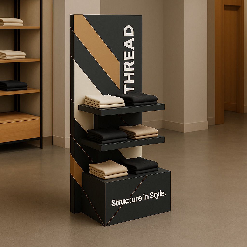 NUtec UV-cured inks for retail display stand inks on a black-and-gold MDF display stand; wood texture visible.
