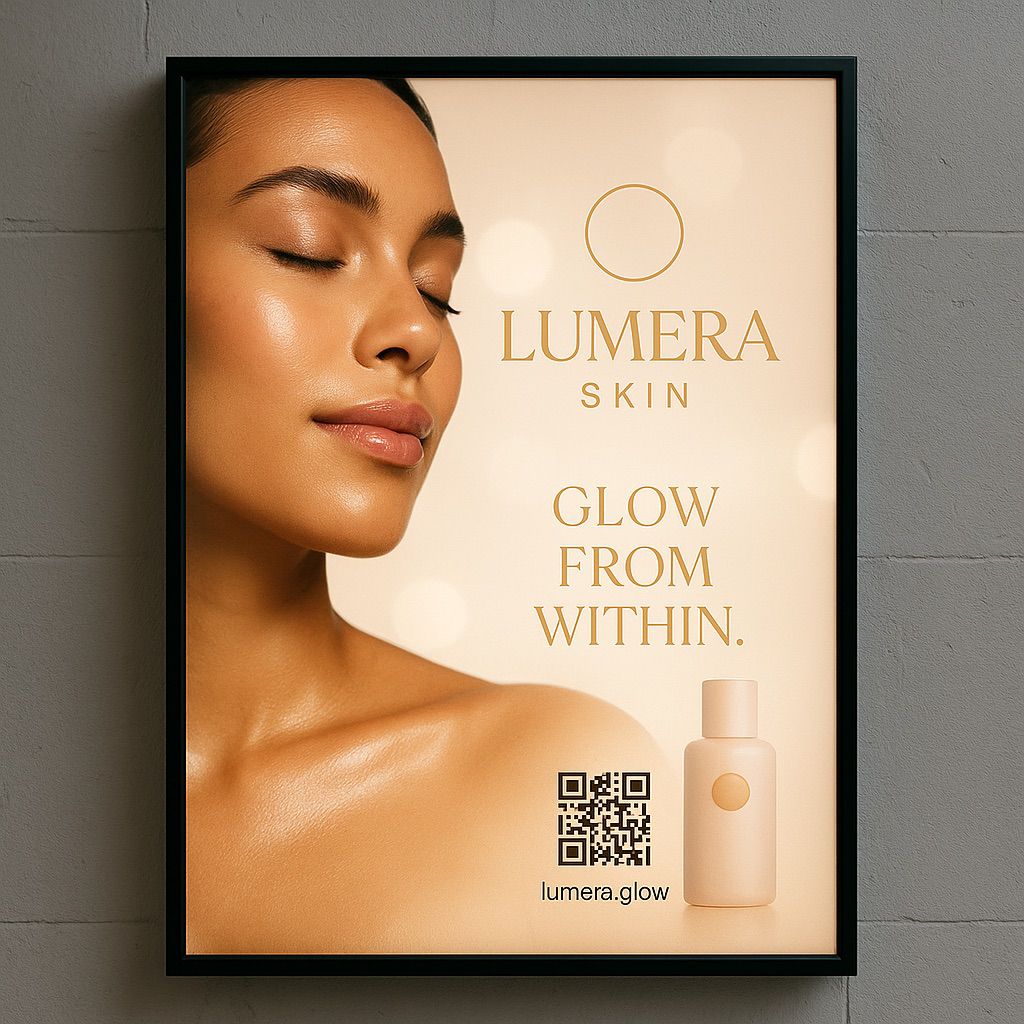Close-up of a woman's face on a backlit lightbox poster, with Lumera Skin bottle and lightbox poster printing inks.