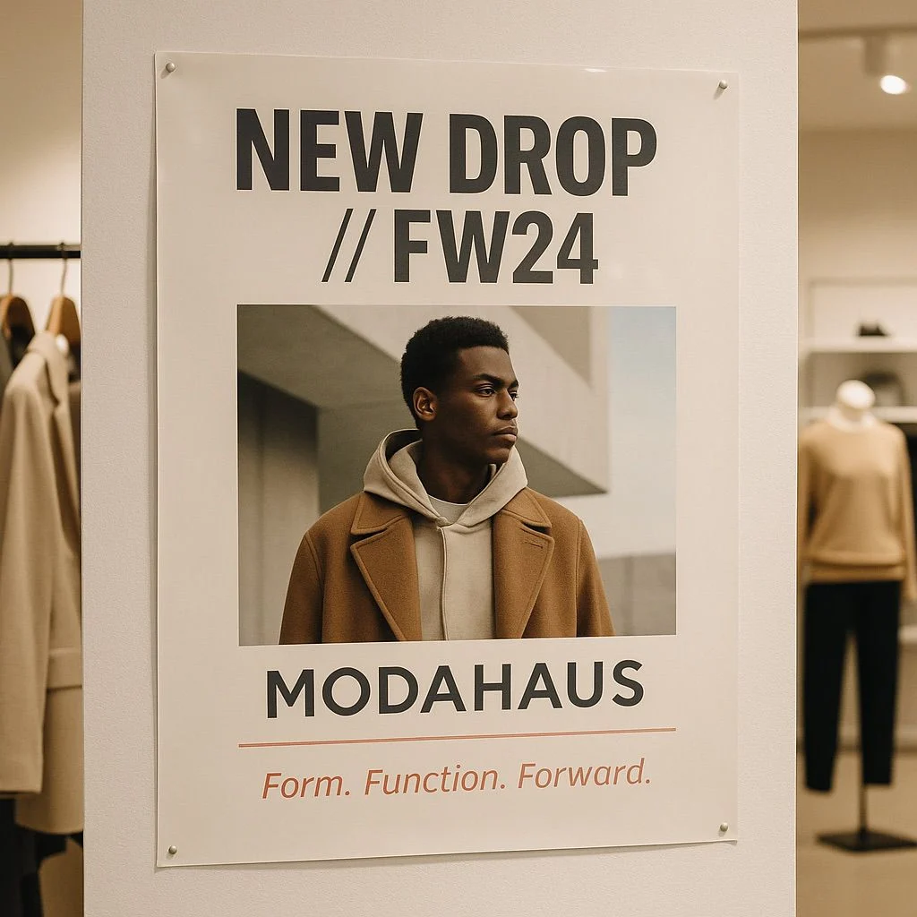 Young man in a brown coat in a bright clothing store beside a rack; retail promotional display inks on signage.