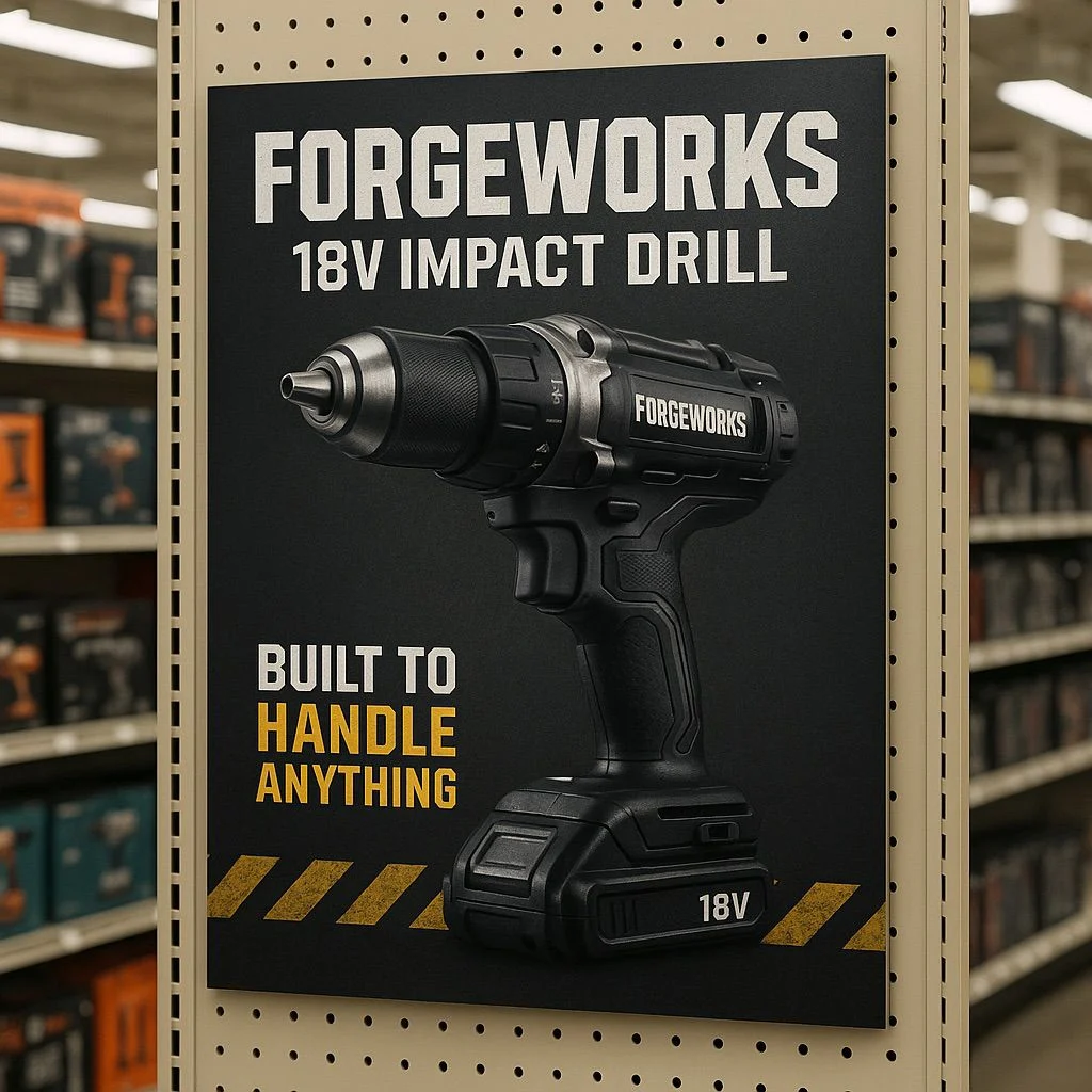 Advertisement for Forgeworks 18V impact drill printed on expanded PVC foam board; vibrant colors and crisp details, retail promotion digital inks.