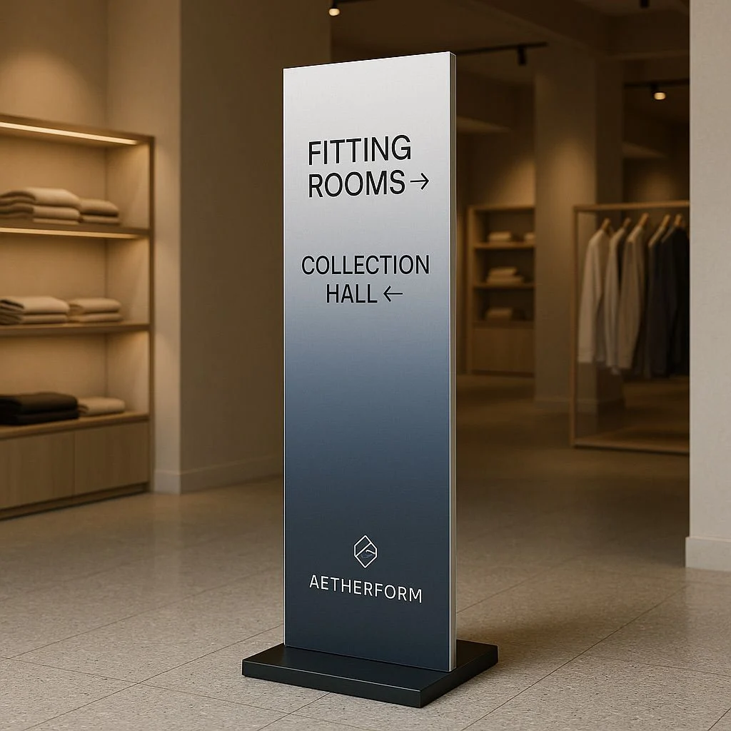 Retail signage on panels with Fitting Rooms, Collection Hall, Aetherform branding; Retail Signage Digital Inks
