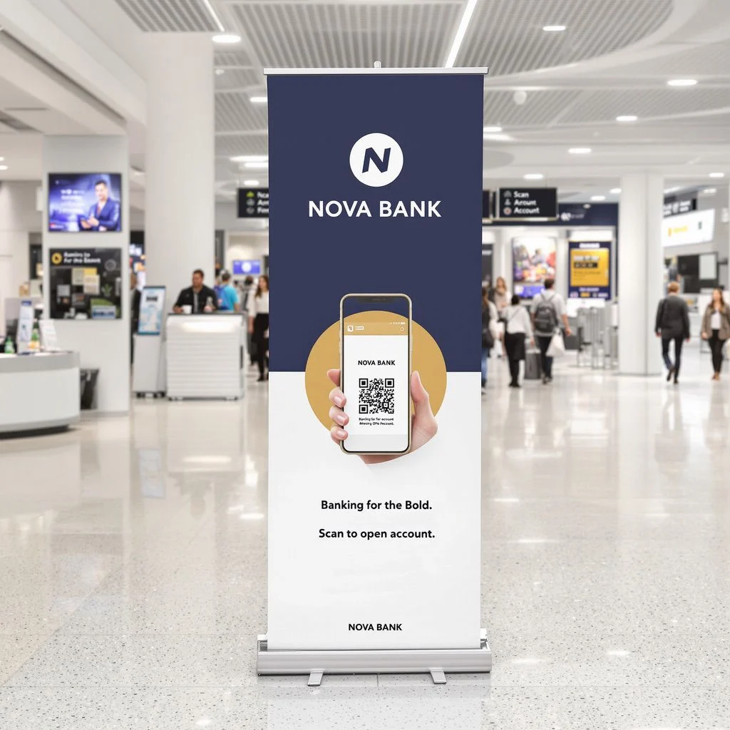 Airport terminal retractable banner display with QR code, printed using NUtec retractable banner printing inks.