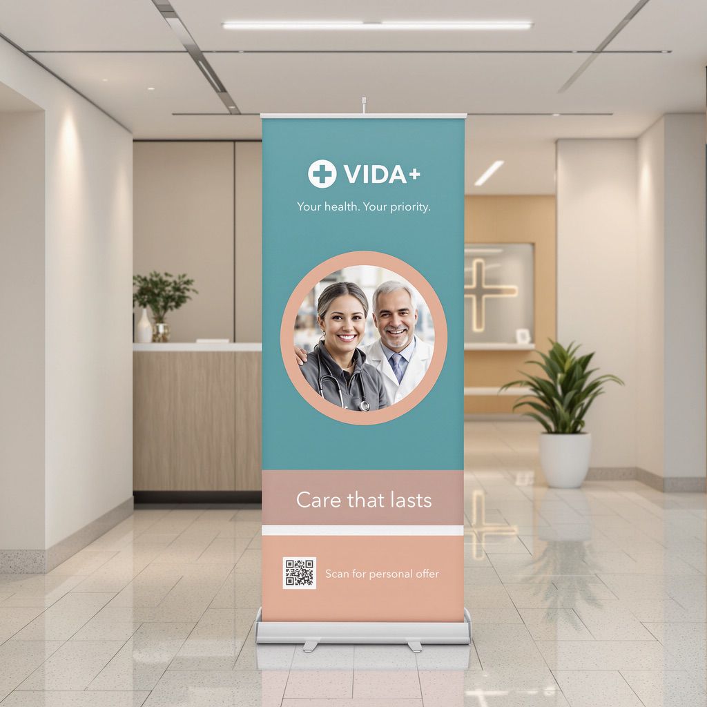 NUtec POS display printing inks on roll-up VIDA+ healthcare banner showing a man in a lab coat and a smiling woman