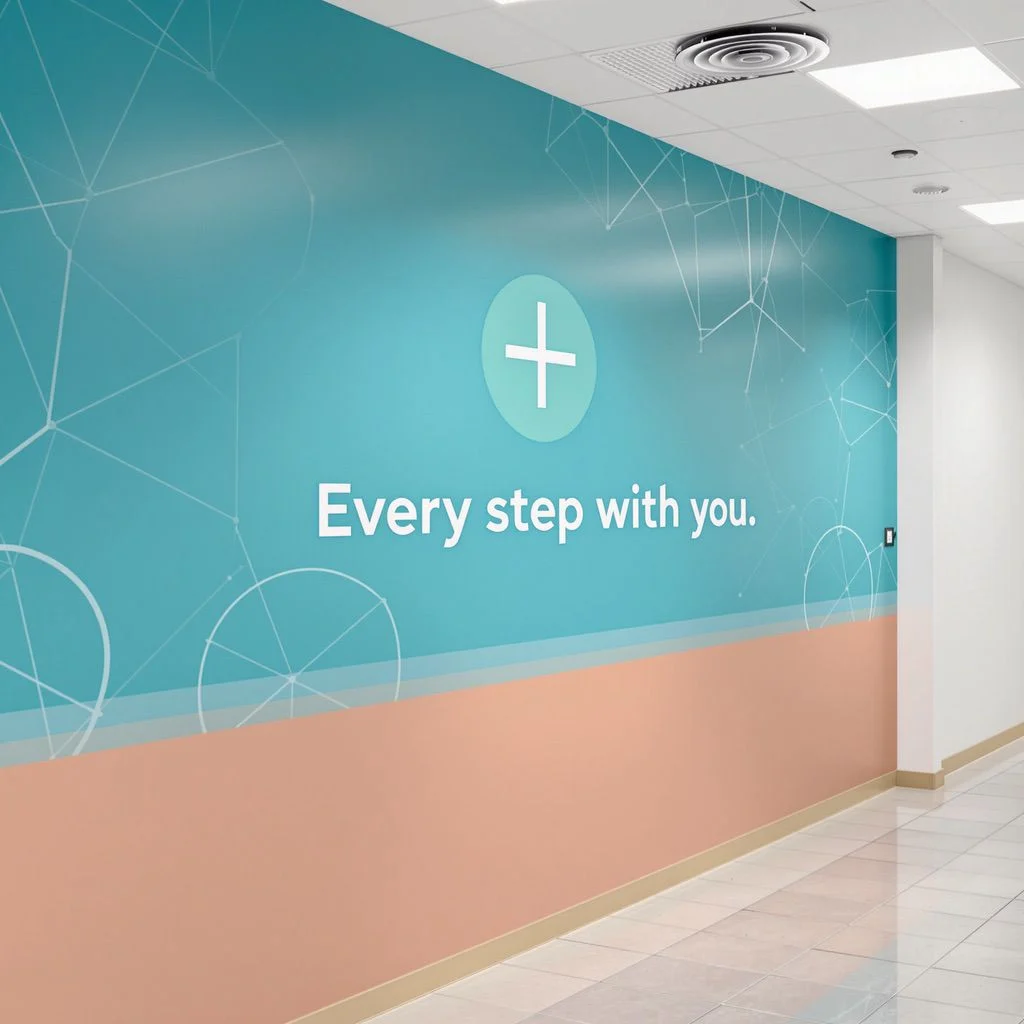 Hallway with blue and peach walls, white text 'Every step with you', tiled floor and recessed lighting, Retail Display Digital Inks.