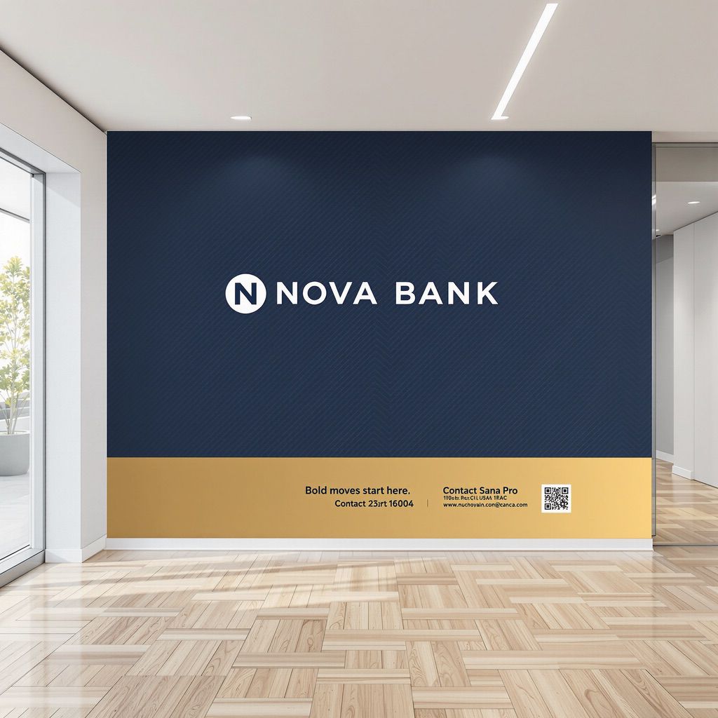 Blue wall with Nova Bank logo; bold wall graphics showcasing retail interior branding inks