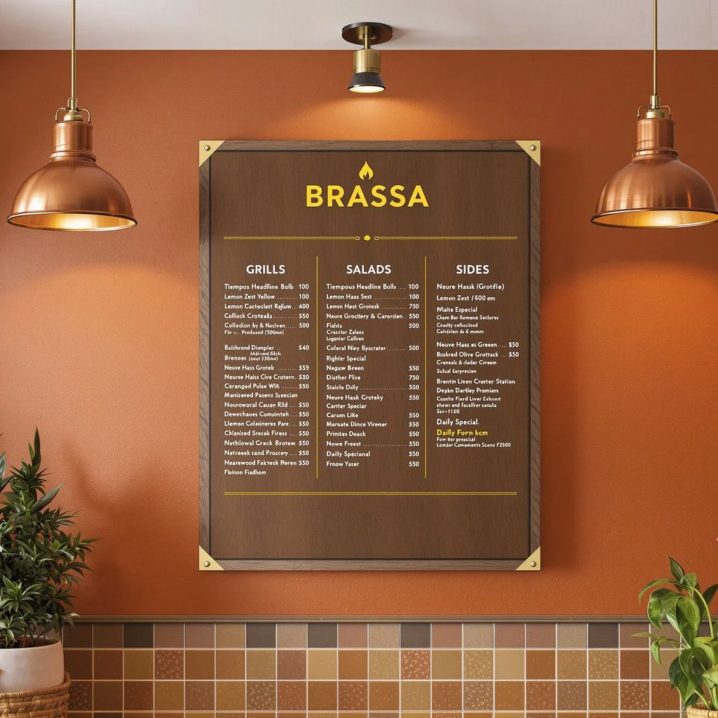 Dark wood restaurant menu board with Brassa items under warm copper pendant lighting, ideal for retail menu printing inks.