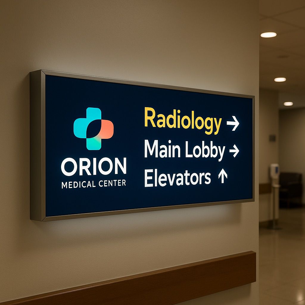 Backlit signage digital ink on backlit film for a hospital corridor directional sign.