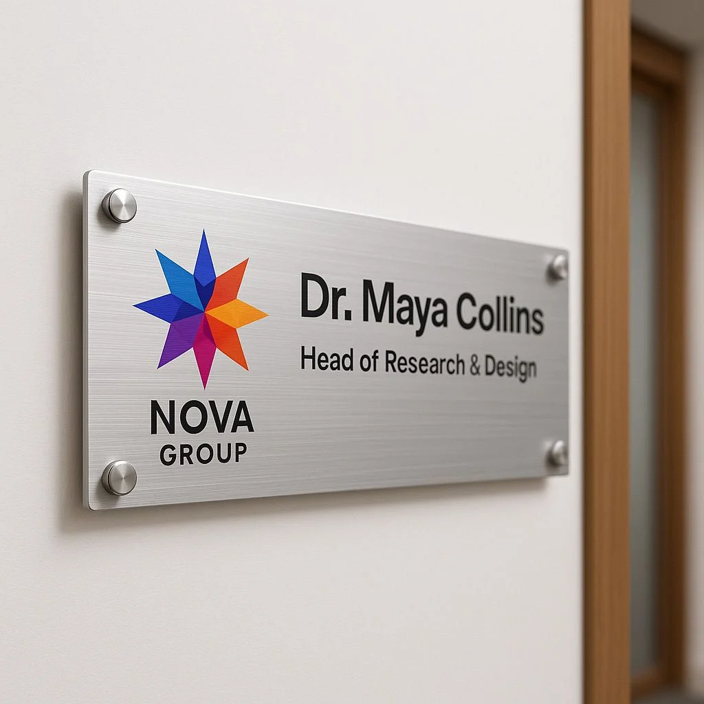 Close-up of a silver metal nameplate with a star logo and the text Dr. Maya Collins, Research, digital ink for nameplates
