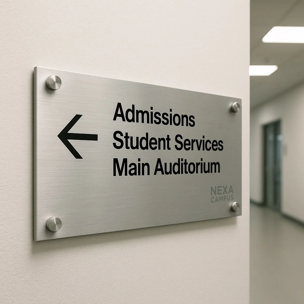 NUtec digital ink wayfinding signs on aluminium; durable, weather-resistant signage for navigation.