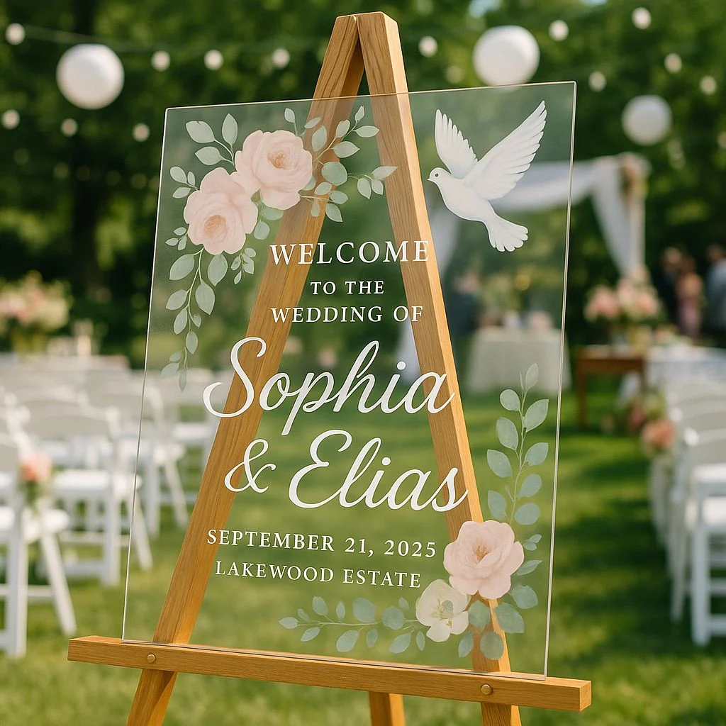Event Signboard Digital Ink on acrylic wedding sign; NUtec UV-cured inks deliver vibrant signage