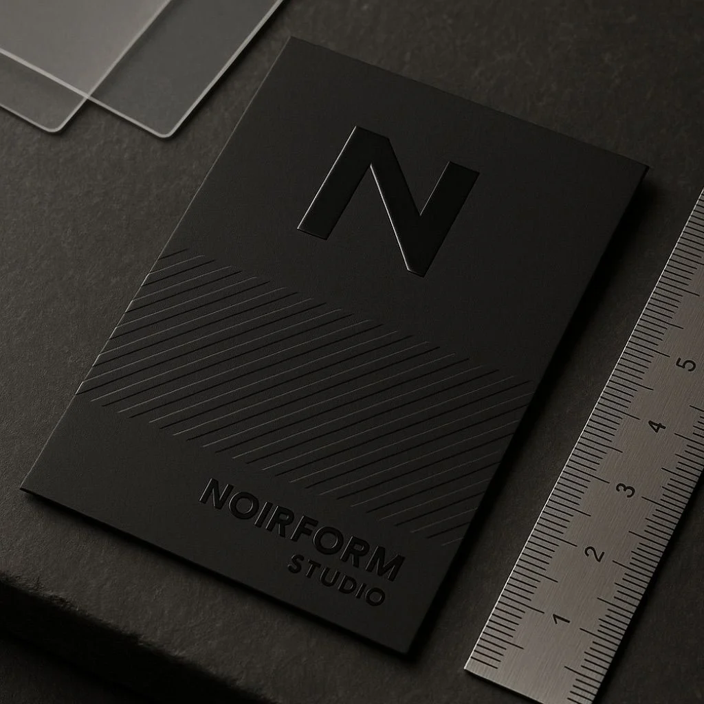 NUtec digital spot varnish ink on paperboard, raised glossy logo example for NOIRFORM STUDIO.