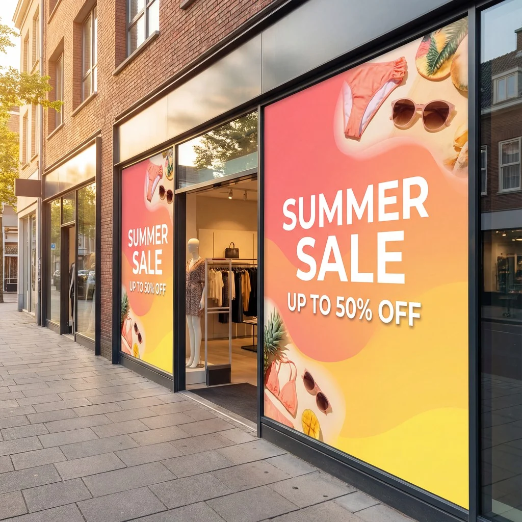 NUtec short-term signage inks on a clothing store window display with vibrant temporary banners
