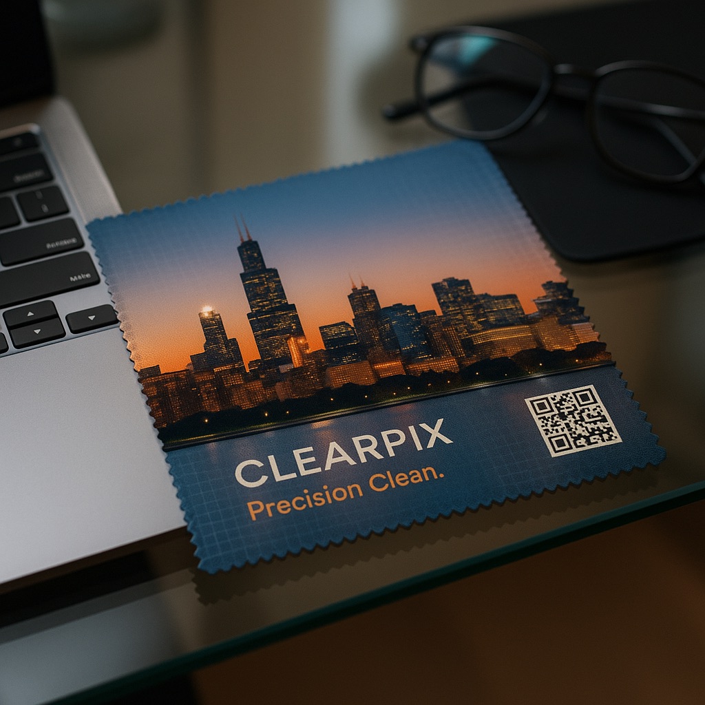 Blue business card for 'CLEARPIX Precision Clean' with a QR code, laptop, and glasses, set against a city skyline sunset.