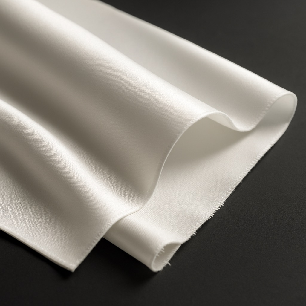 Close-up of elegantly folded white polyester satin fabric, showcasing its smooth, lustrous surface ready for vibrant dye-sublimation printing.