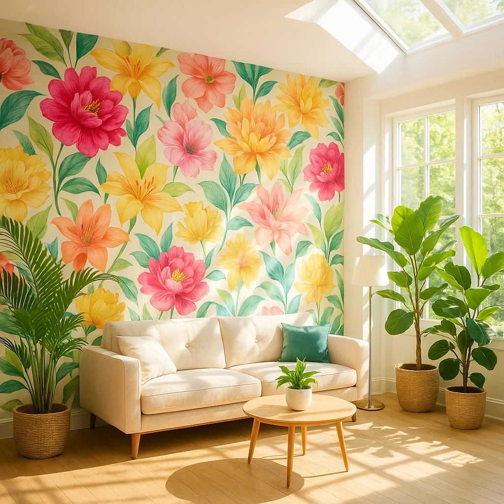 A modern living room with a beige sofa, wooden coffee table, and large potted plants, featuring a vibrant floral wallpaper.