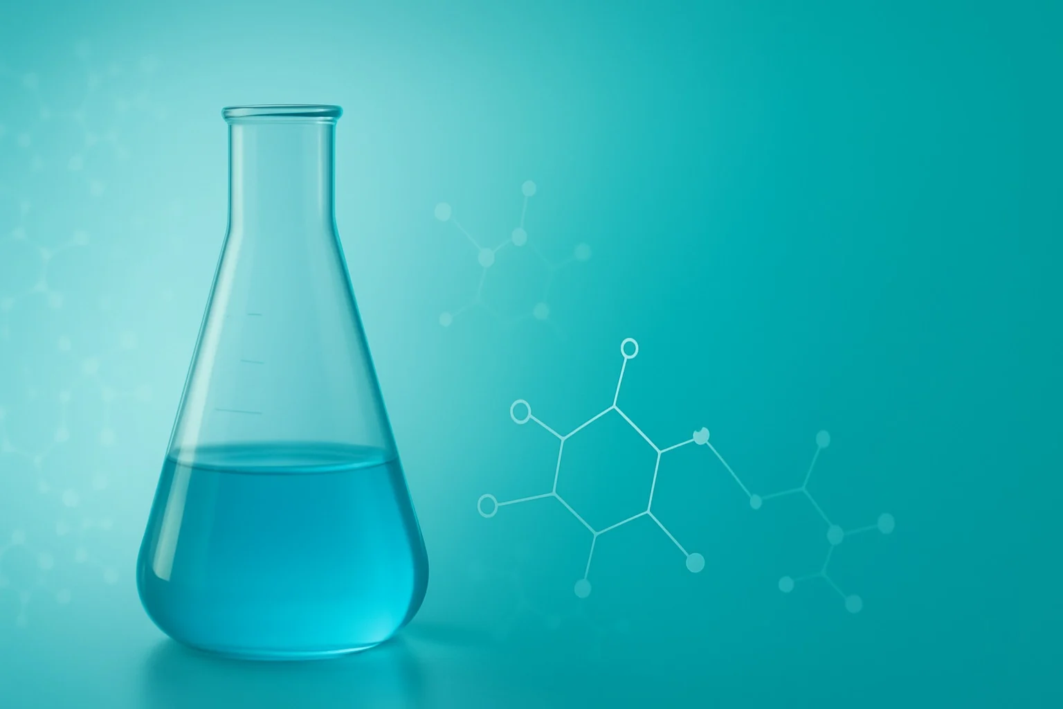 Chemical cyan ink for digital printing in a laboratory beaker on a turquoise background, with molecular structure graphics, NUtec Digital Ink support page