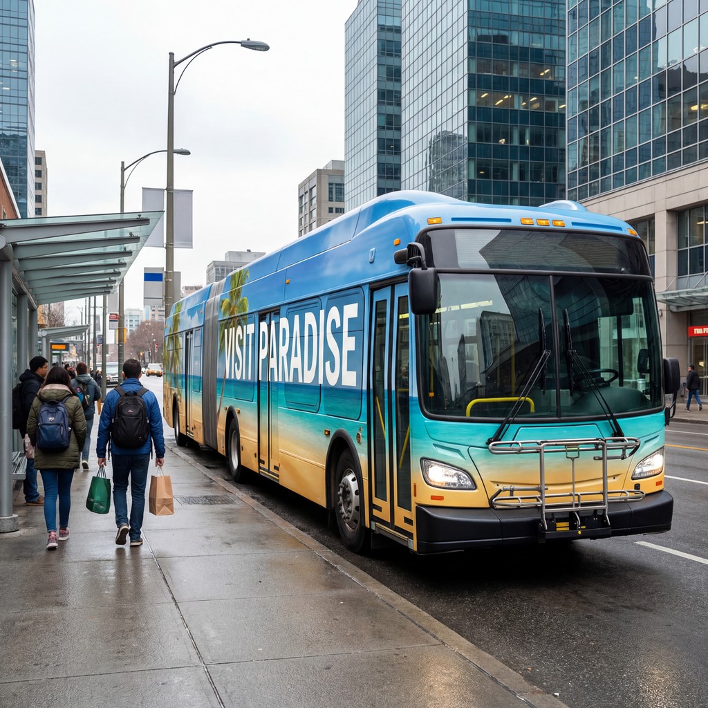 Blue and yellow bus wrap on Cast Self-Adhesive Vinyl showing bus wrap digital ink performance