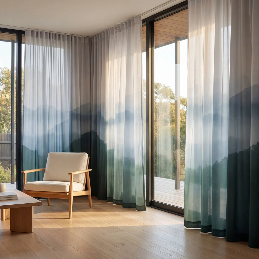Modern living room with sheer blue-green gradient curtains printed with NUtec digital inks for curtains.