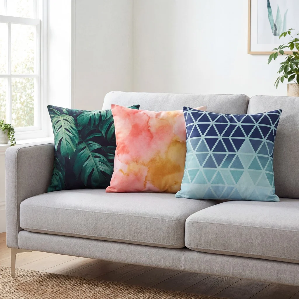 Dye-sublimation inks decorative pillows by NUtec: three colorful geometric throw pillows in a modern living room.
