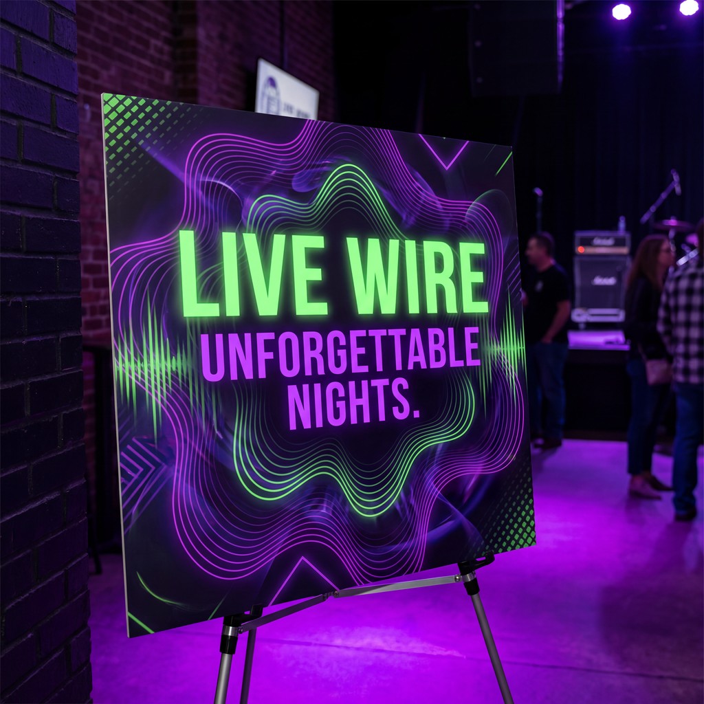 Close-up of a 'Live Wire Unforgettable Nights' sign on Foam-X board, showcasing vibrant neon green and purple colors.